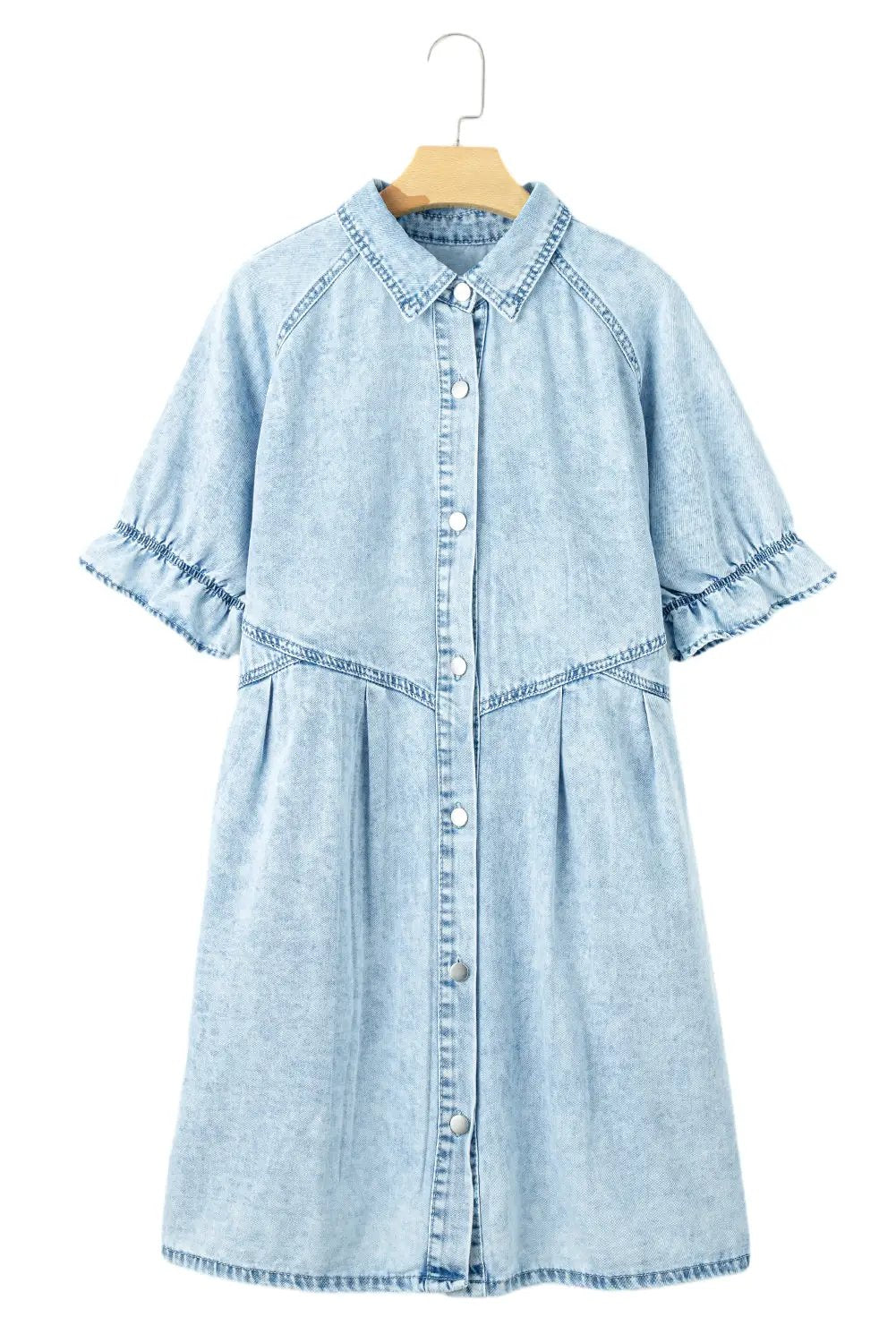 Grateful Threads Boutique Beau Blue Mineral Wash Ruffled Short Sleeve Buttoned Denim Dress - Dresses Beau Blue Mineral Wash Ruffled Short Sleeve Buttoned Denim Dress