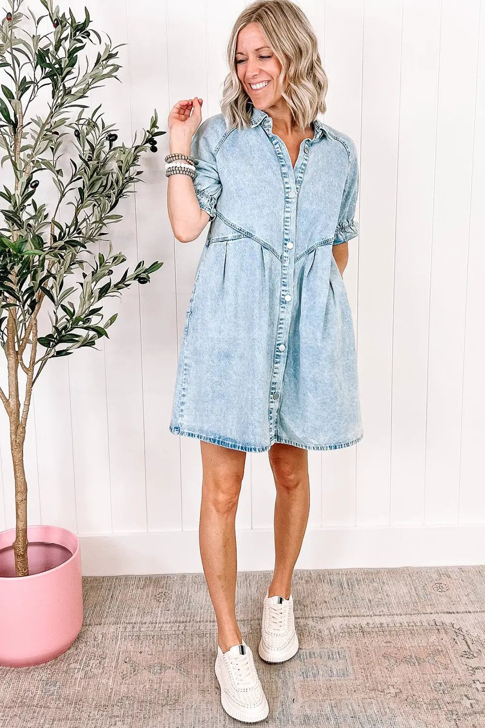 Grateful Threads Boutique Beau Blue Mineral Wash Ruffled Short Sleeve Buttoned Denim Dress - Dresses Beau Blue Mineral Wash Ruffled Short Sleeve Buttoned Denim Dress