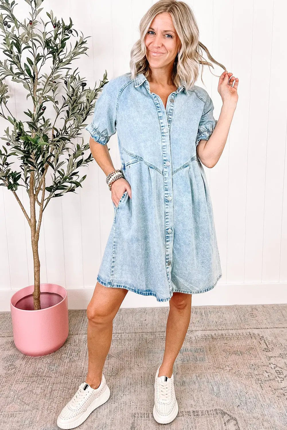 Grateful Threads Boutique Beau Blue Mineral Wash Ruffled Short Sleeve Buttoned Denim Dress - Dresses Beau Blue Mineral Wash Ruffled Short Sleeve Buttoned Denim Dress