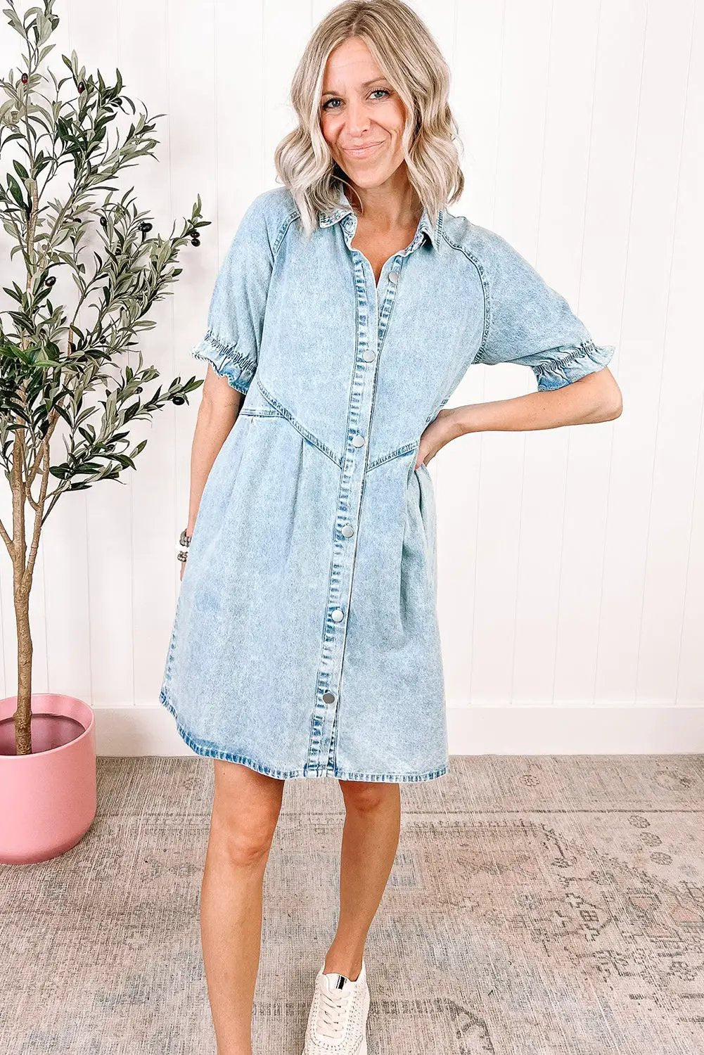 Grateful Threads Boutique Beau Blue Mineral Wash Ruffled Short Sleeve Buttoned Denim Dress - Dresses Beau Blue Mineral Wash Ruffled Short Sleeve Buttoned Denim Dress