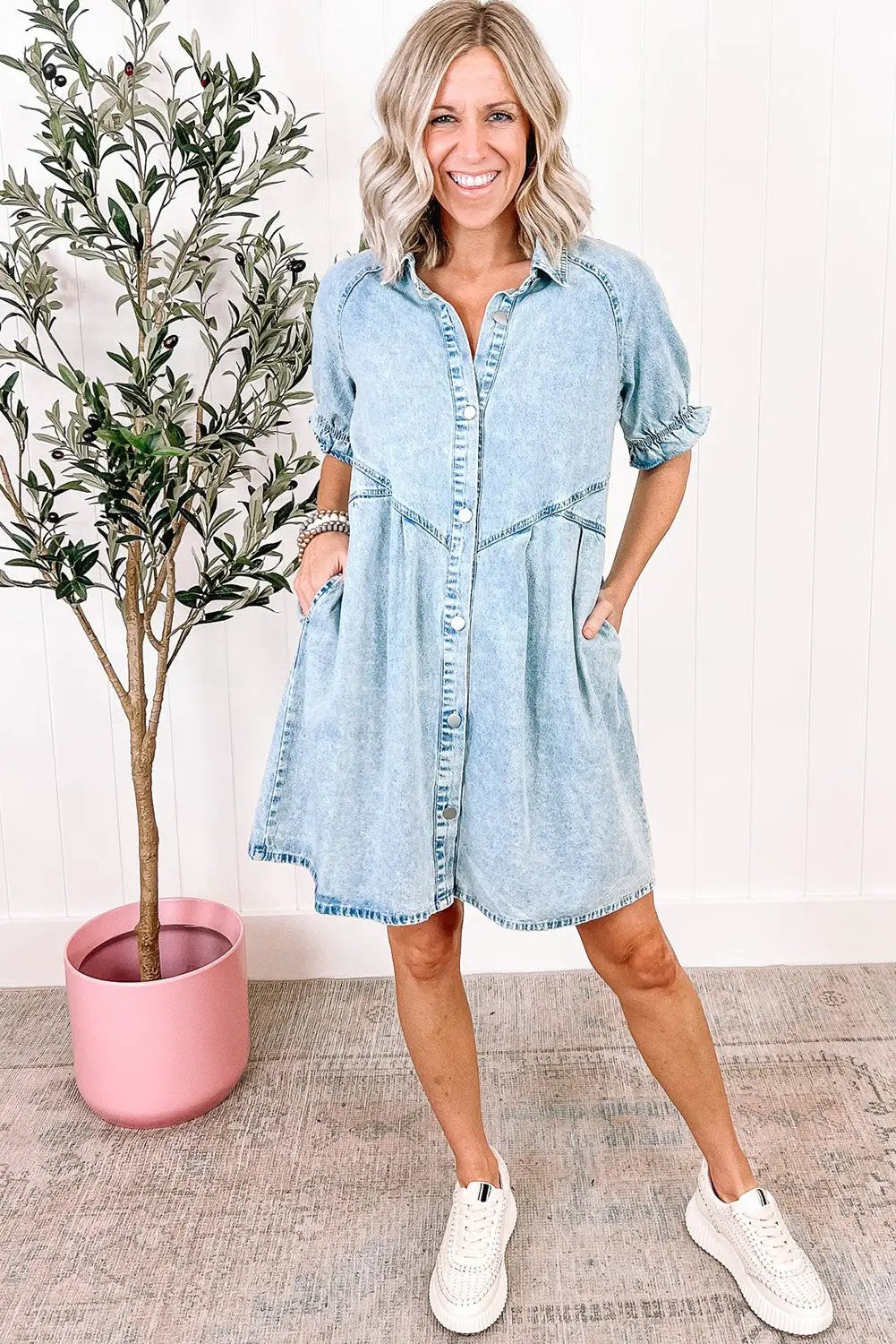 Grateful Threads Boutique Beau Blue Mineral Wash Ruffled Short Sleeve Buttoned Denim Dress - Dresses Beau Blue Mineral Wash Ruffled Short Sleeve Buttoned Denim Dress