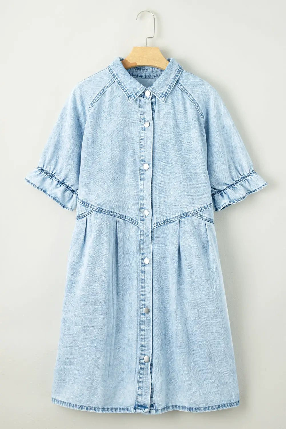 Grateful Threads Boutique Beau Blue Mineral Wash Ruffled Short Sleeve Buttoned Denim Dress - Dresses Beau Blue Mineral Wash Ruffled Short Sleeve Buttoned Denim Dress