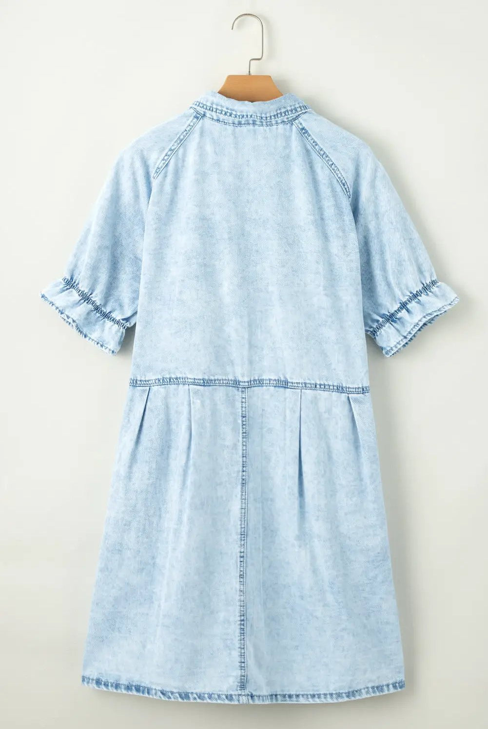Grateful Threads Boutique Beau Blue Mineral Wash Ruffled Short Sleeve Buttoned Denim Dress - Dresses Beau Blue Mineral Wash Ruffled Short Sleeve Buttoned Denim Dress