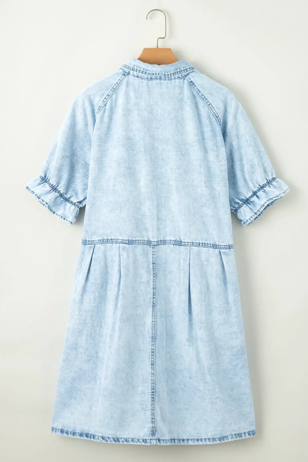 Grateful Threads Boutique Beau Blue Mineral Wash Ruffled Short Sleeve Buttoned Denim Dress - Dresses Beau Blue Mineral Wash Ruffled Short Sleeve Buttoned Denim Dress