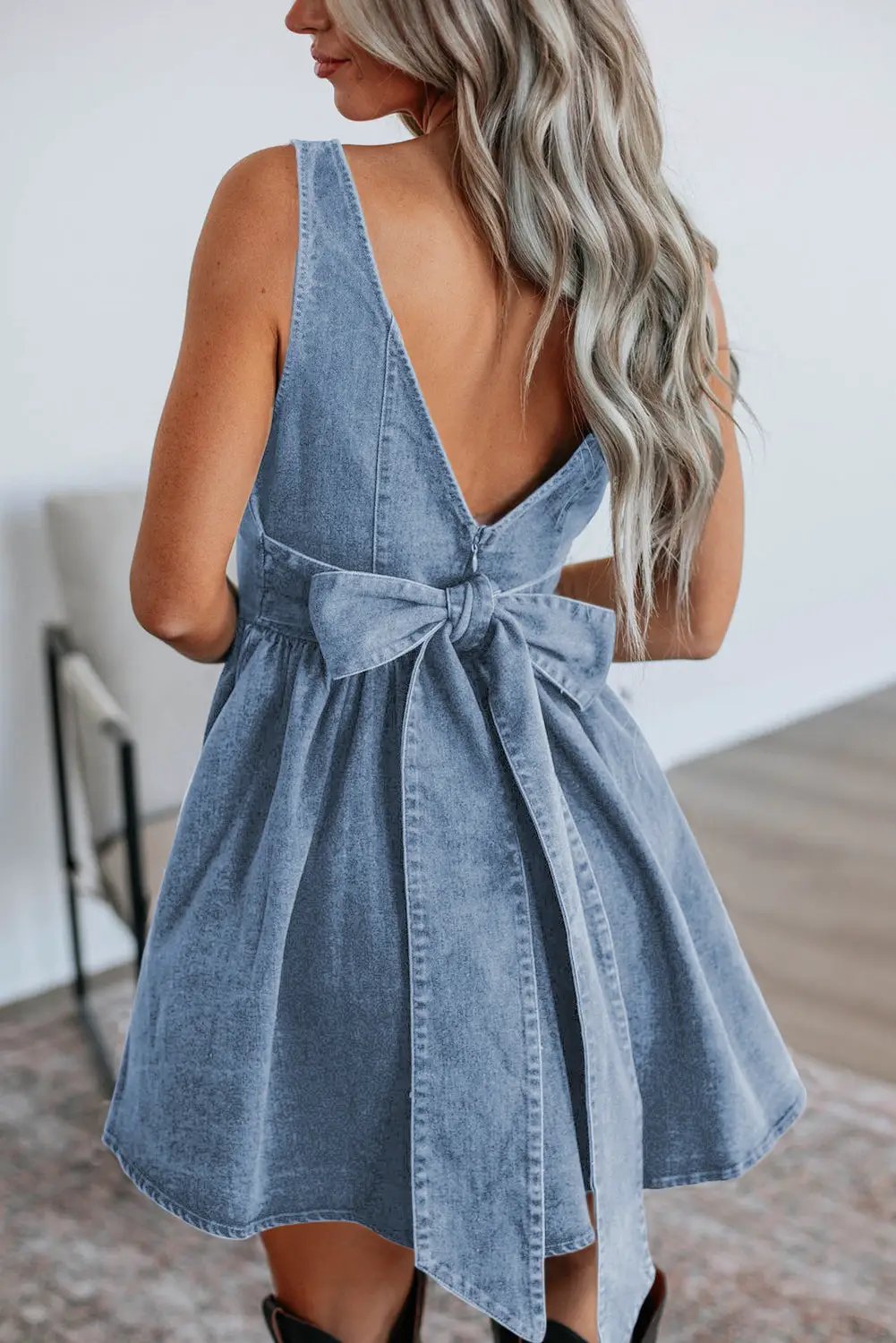 Grateful Threads Boutique Chambray Square Neck Bowknot A-line Sleeveless Denim Dress - Dresses Myosotis Square Neck Bowknot A-line Sleeveless Denim Dress
