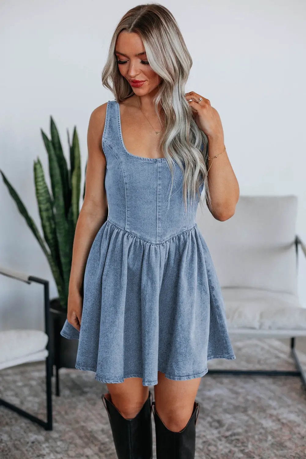 Grateful Threads Boutique Chambray Square Neck Bowknot A-line Sleeveless Denim Dress - Dresses Myosotis Square Neck Bowknot A-line Sleeveless Denim Dress