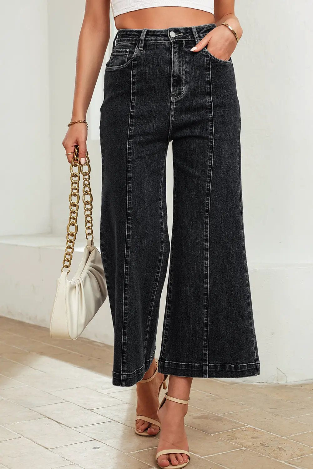 Grateful Threads Boutique Black Plain Seam Detail Flared Bottom Ankle Length Jeans - Jeans Black Plain Seam Detail Flared Bottom Ankle Length Jeans