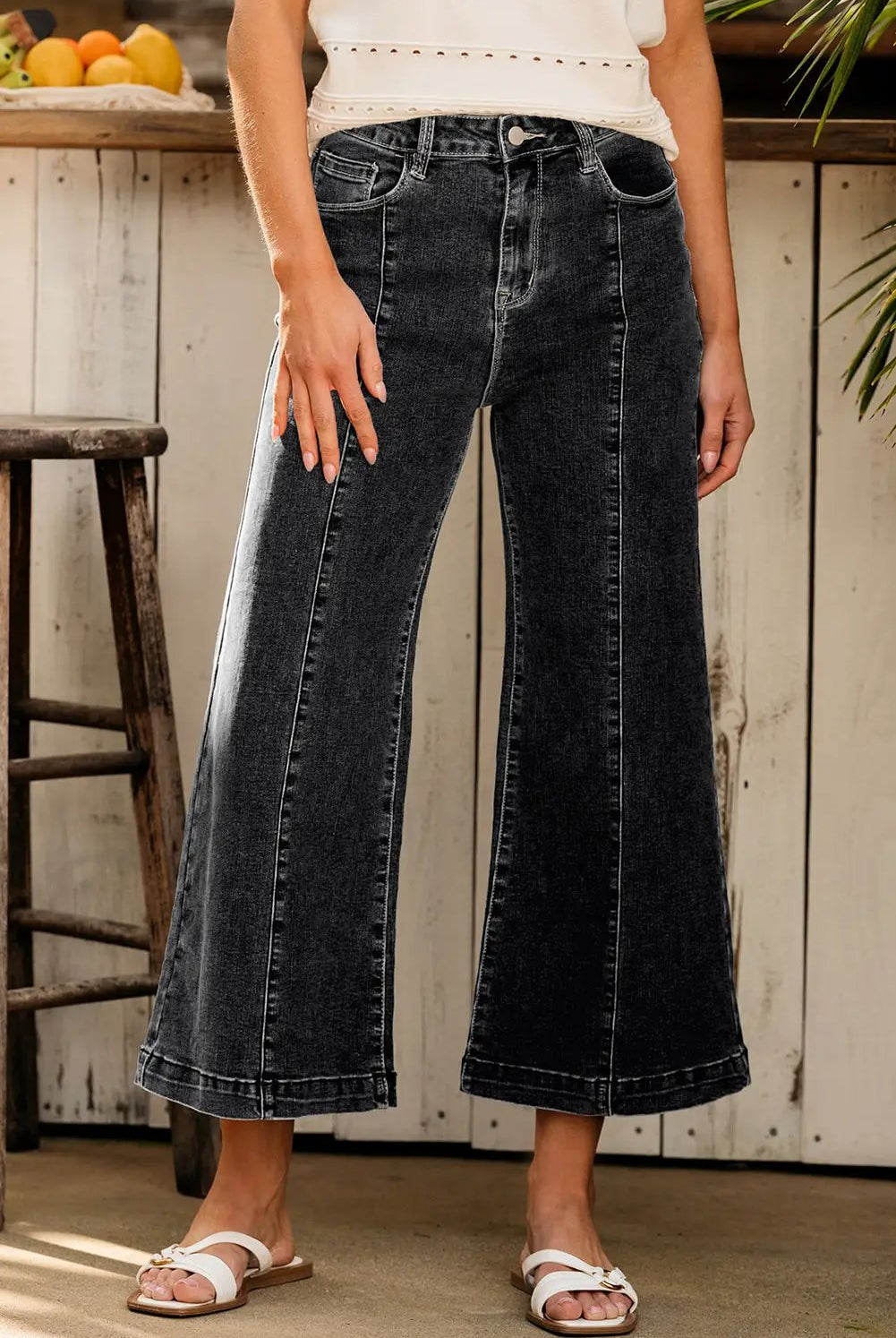 Grateful Threads Boutique Black Plain Seam Detail Flared Bottom Ankle Length Jeans - Jeans Black Plain Seam Detail Flared Bottom Ankle Length Jeans