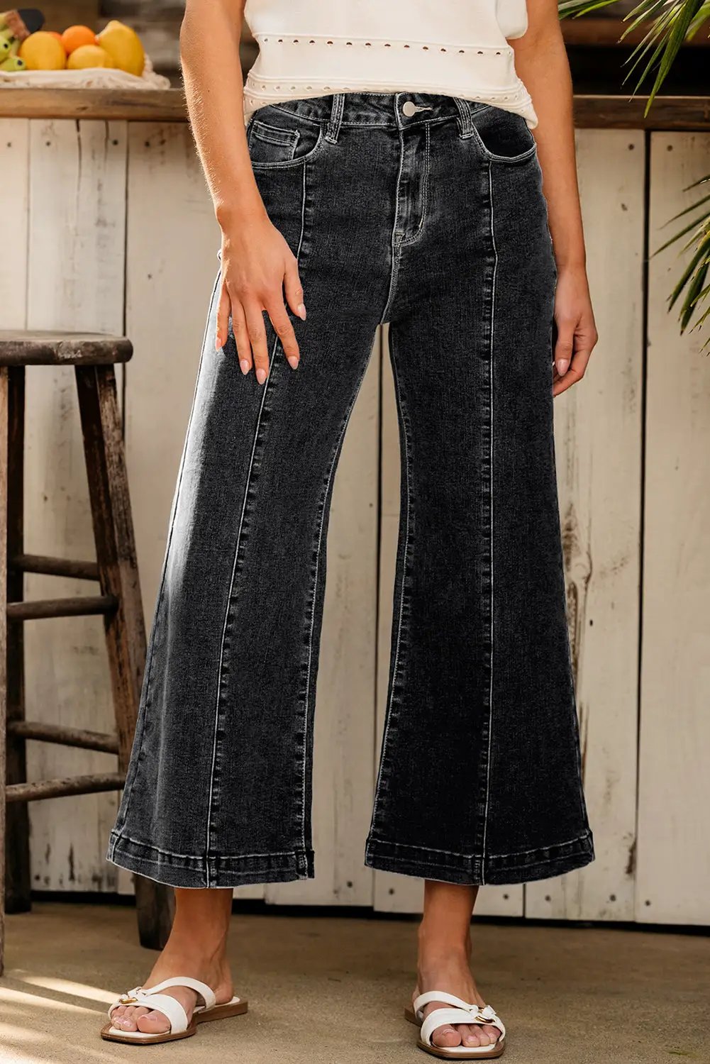 Grateful Threads Boutique Black Plain Seam Detail Flared Bottom Ankle Length Jeans - Jeans Black Plain Seam Detail Flared Bottom Ankle Length Jeans