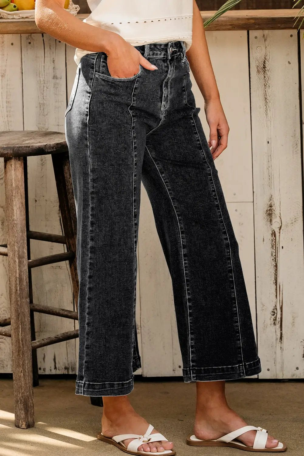 Grateful Threads Boutique Black Plain Seam Detail Flared Bottom Ankle Length Jeans - Jeans Black Plain Seam Detail Flared Bottom Ankle Length Jeans