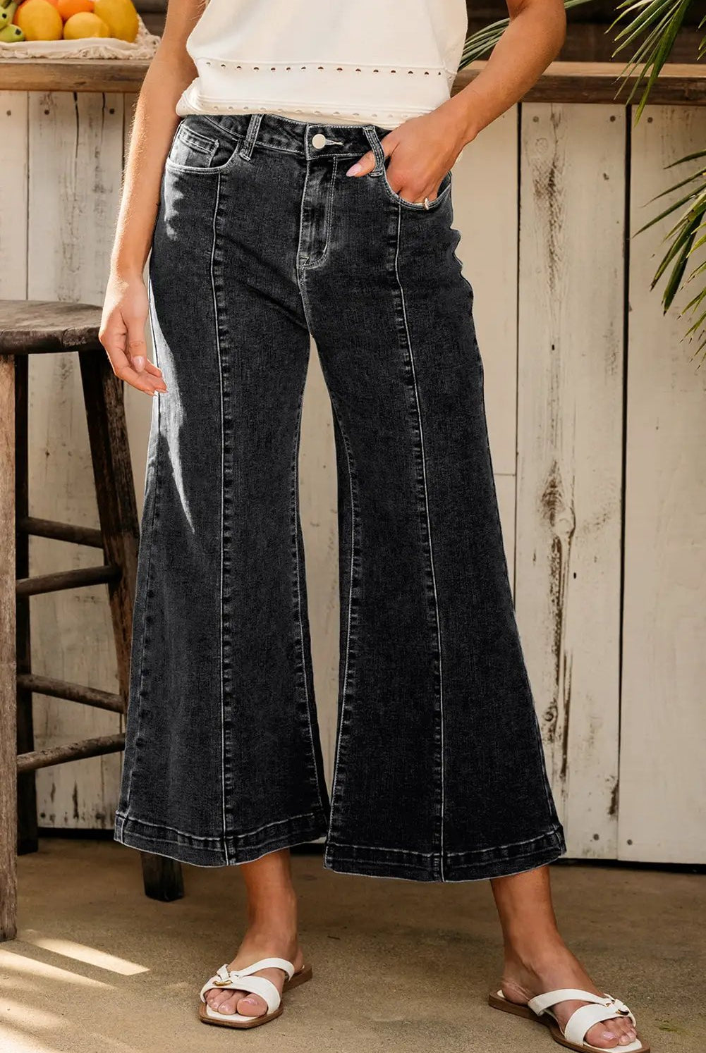 Grateful Threads Boutique Black Plain Seam Detail Flared Bottom Ankle Length Jeans - Jeans Black Plain Seam Detail Flared Bottom Ankle Length Jeans