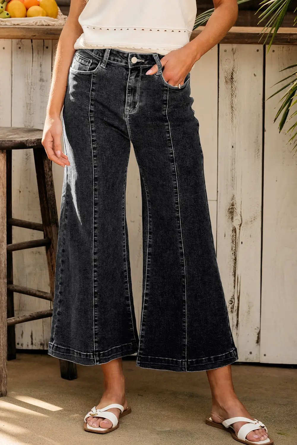 Grateful Threads Boutique Black Plain Seam Detail Flared Bottom Ankle Length Jeans - Jeans Black Plain Seam Detail Flared Bottom Ankle Length Jeans