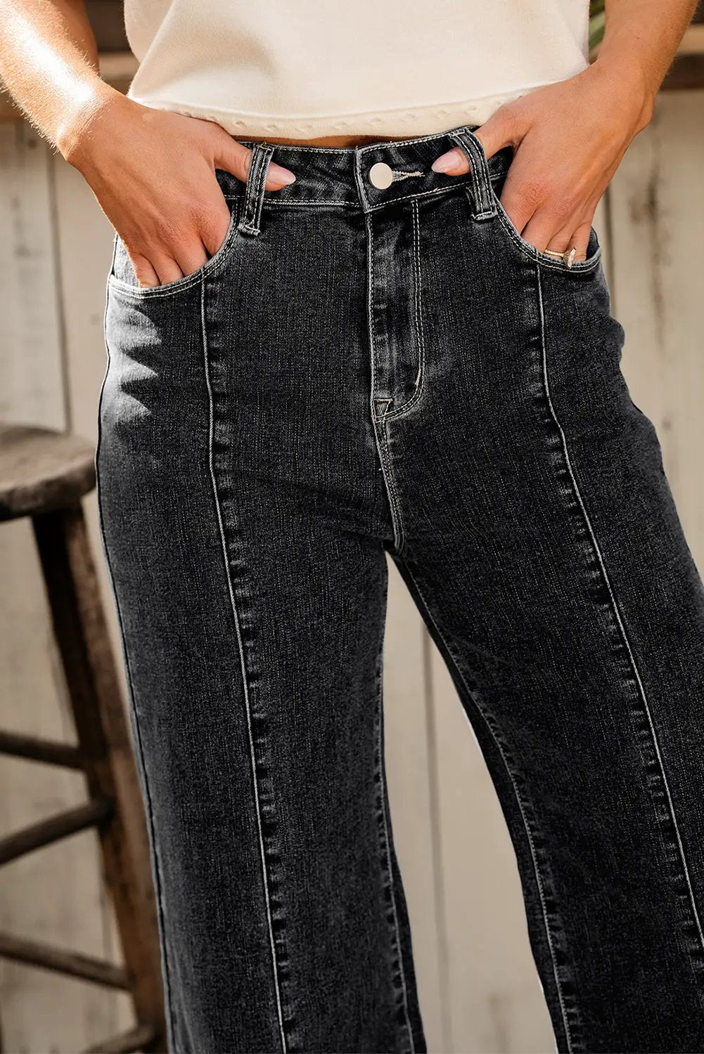 Grateful Threads Boutique Black Plain Seam Detail Flared Bottom Ankle Length Jeans - Jeans Black Plain Seam Detail Flared Bottom Ankle Length Jeans