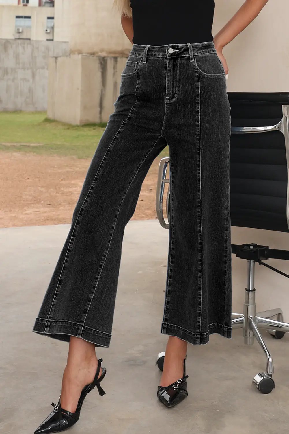Grateful Threads Boutique Black Plain Seam Detail Flared Bottom Ankle Length Jeans - Jeans Black Plain Seam Detail Flared Bottom Ankle Length Jeans