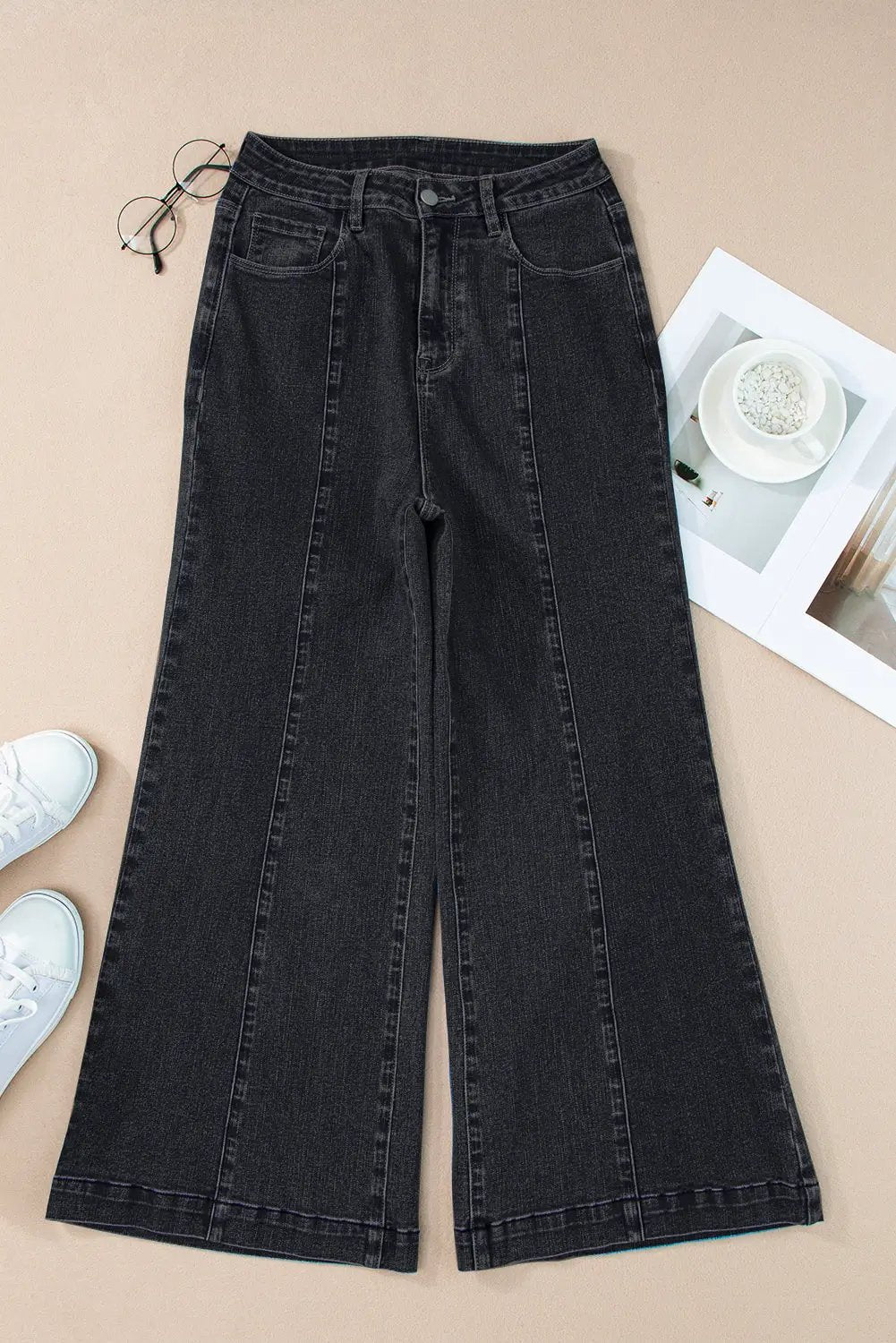 Grateful Threads Boutique Black Plain Seam Detail Flared Bottom Ankle Length Jeans - Jeans Black Plain Seam Detail Flared Bottom Ankle Length Jeans