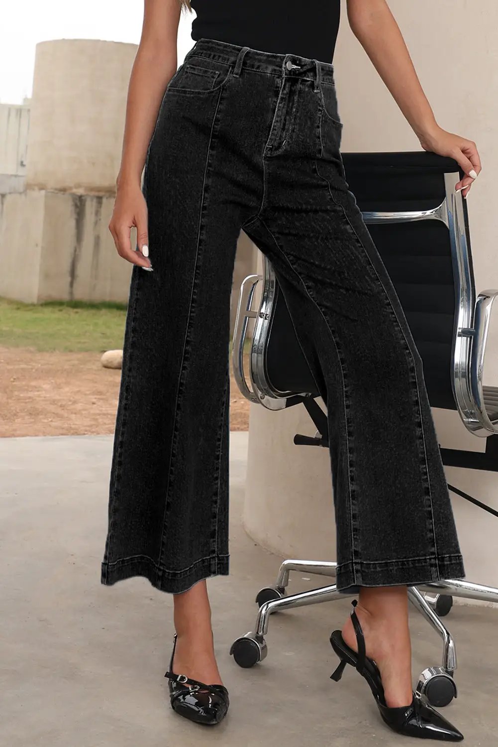Grateful Threads Boutique Black Plain Seam Detail Flared Bottom Ankle Length Jeans - Jeans Black Plain Seam Detail Flared Bottom Ankle Length Jeans