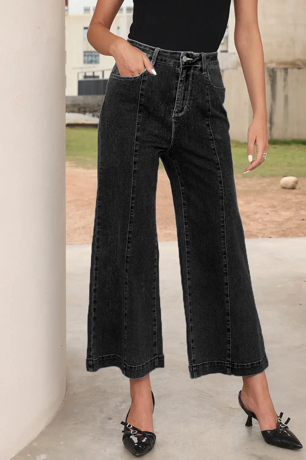 Grateful Threads Boutique Black Plain Seam Detail Flared Bottom Ankle Length Jeans - Jeans Black Plain Seam Detail Flared Bottom Ankle Length Jeans