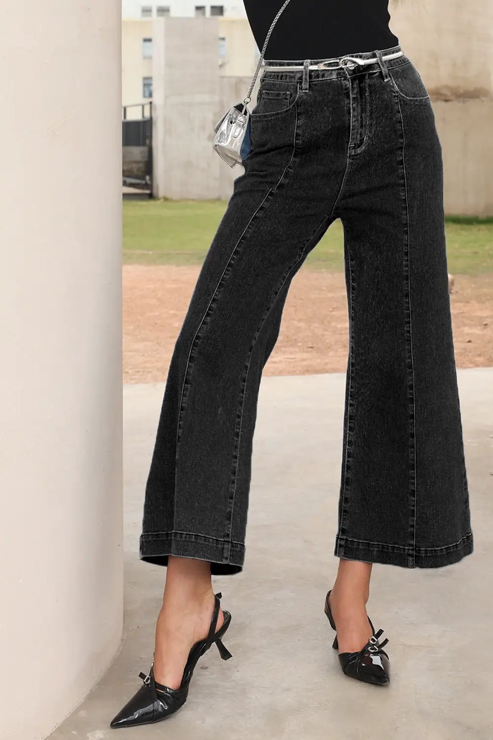 Grateful Threads Boutique Black Plain Seam Detail Flared Bottom Ankle Length Jeans - Jeans Black Plain Seam Detail Flared Bottom Ankle Length Jeans