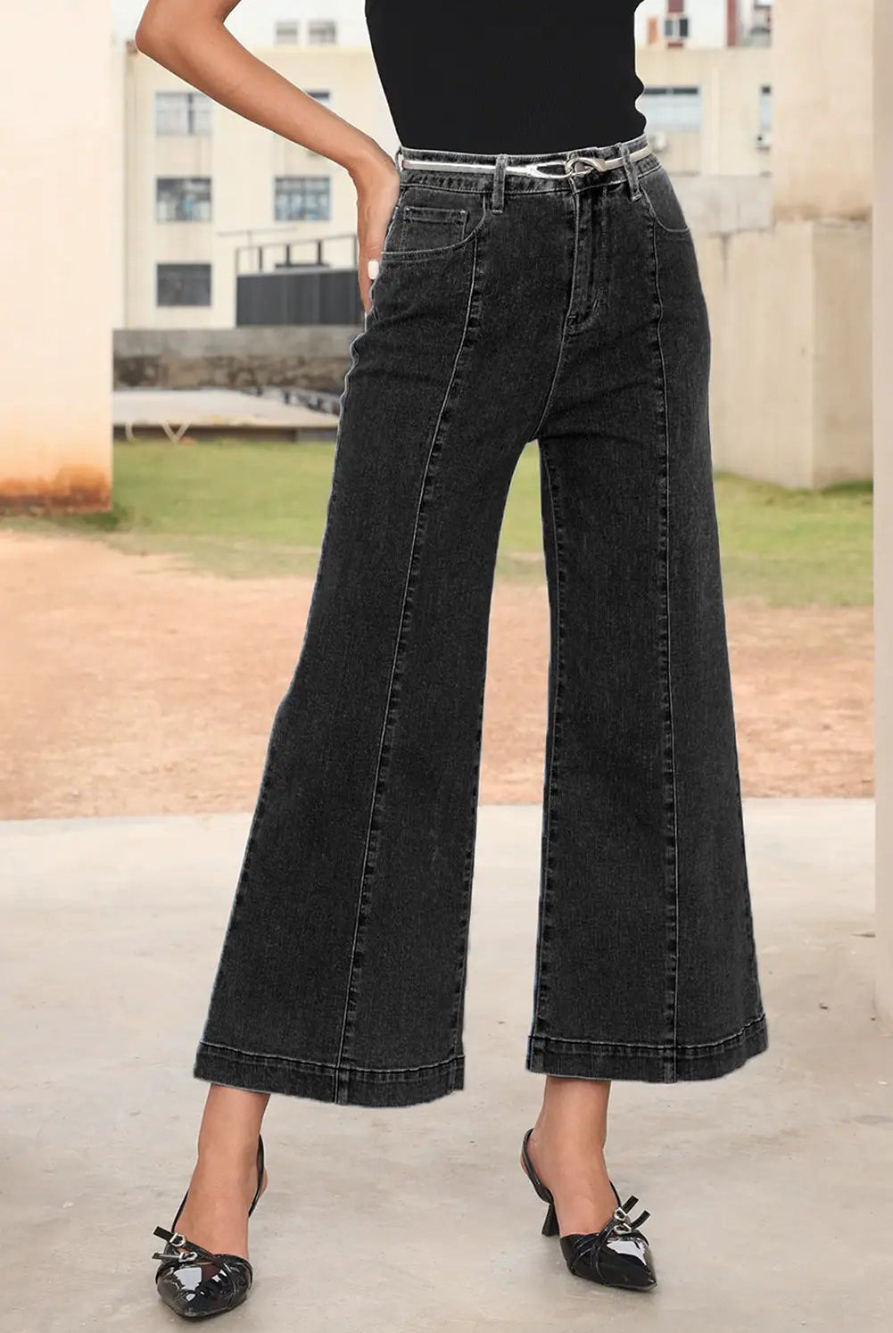 Grateful Threads Boutique Black Plain Seam Detail Flared Bottom Ankle Length Jeans - Jeans Black Plain Seam Detail Flared Bottom Ankle Length Jeans