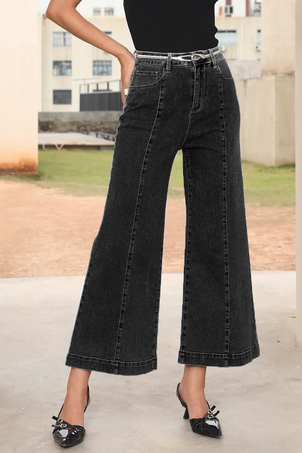 Grateful Threads Boutique Black Plain Seam Detail Flared Bottom Ankle Length Jeans - Jeans Black Plain Seam Detail Flared Bottom Ankle Length Jeans