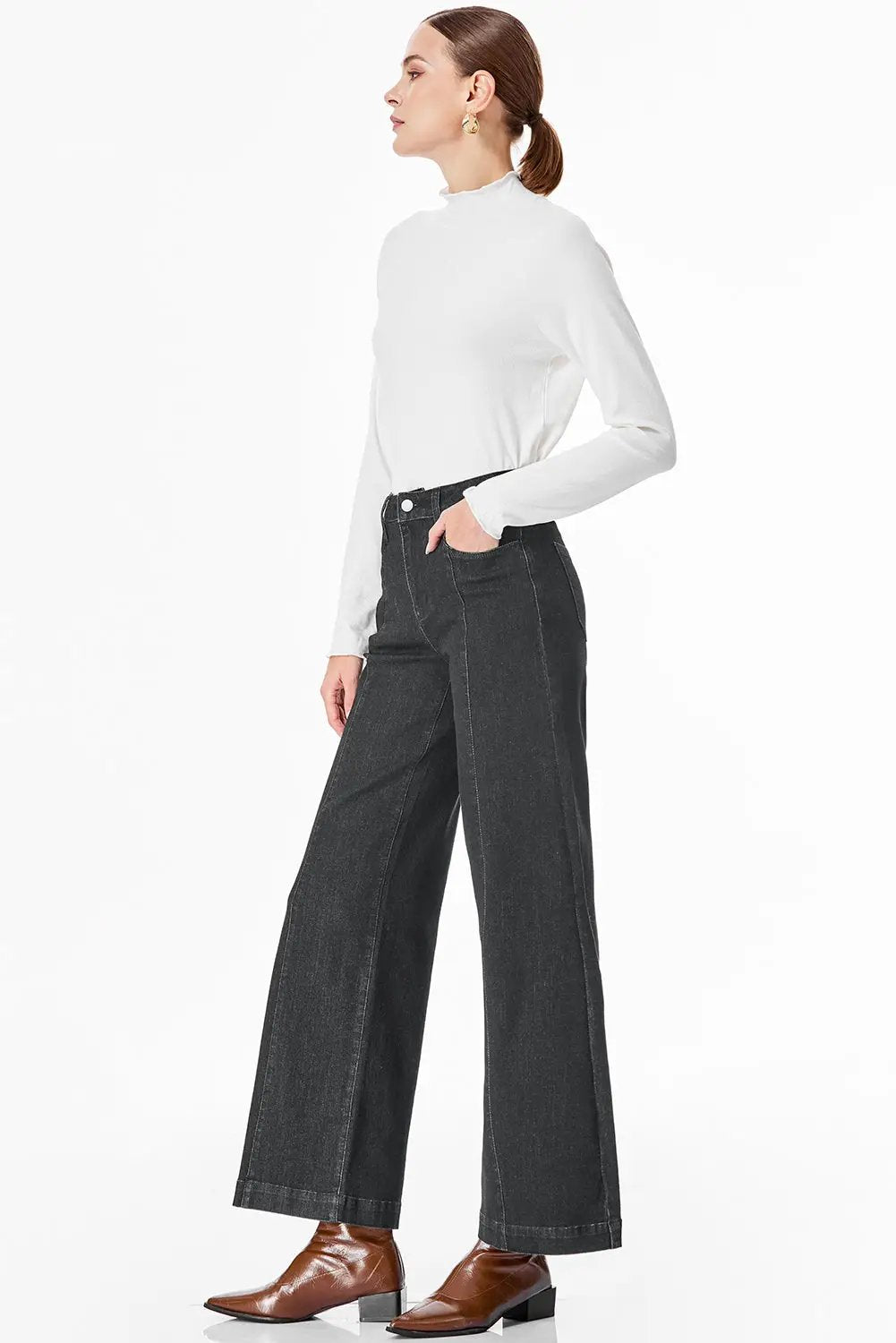 Grateful Threads Boutique Black Plain Seam Detail Flared Bottom Ankle Length Jeans - Jeans Black Plain Seam Detail Flared Bottom Ankle Length Jeans