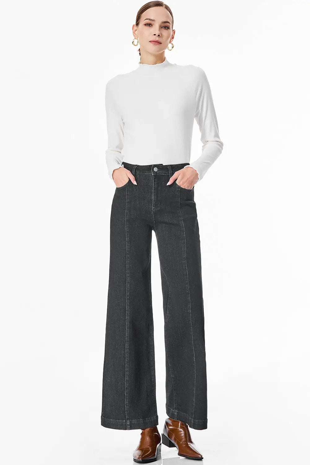 Grateful Threads Boutique Black Plain Seam Detail Flared Bottom Ankle Length Jeans - Jeans Black Plain Seam Detail Flared Bottom Ankle Length Jeans