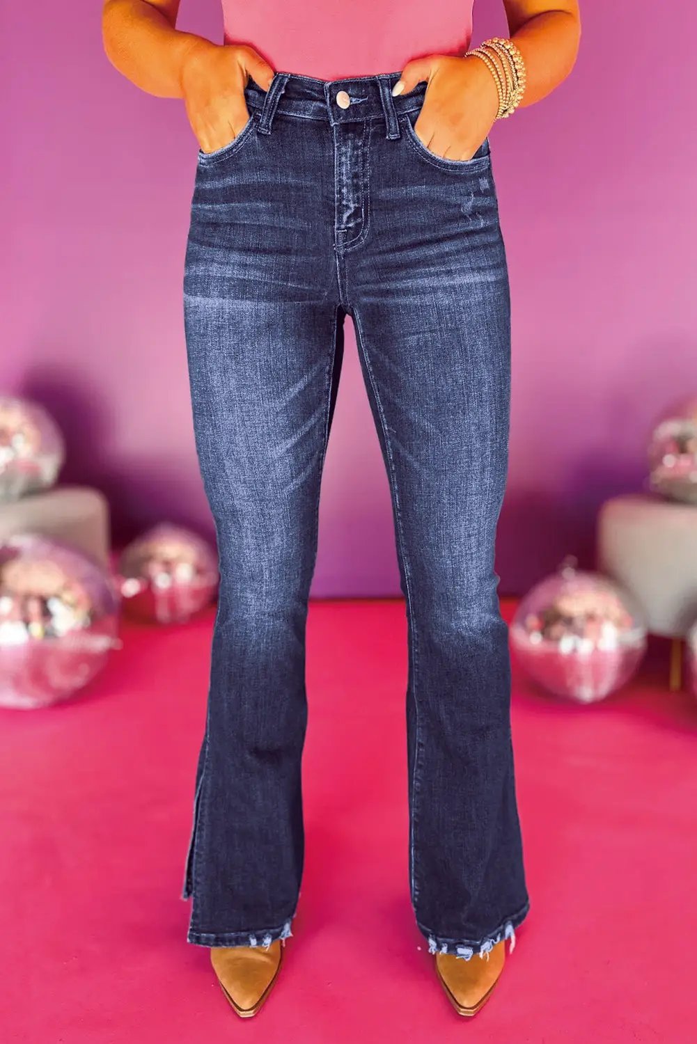 Grateful Threads Boutique Dirty Blue High Waist Side Slits Flare Jeans - Jeans