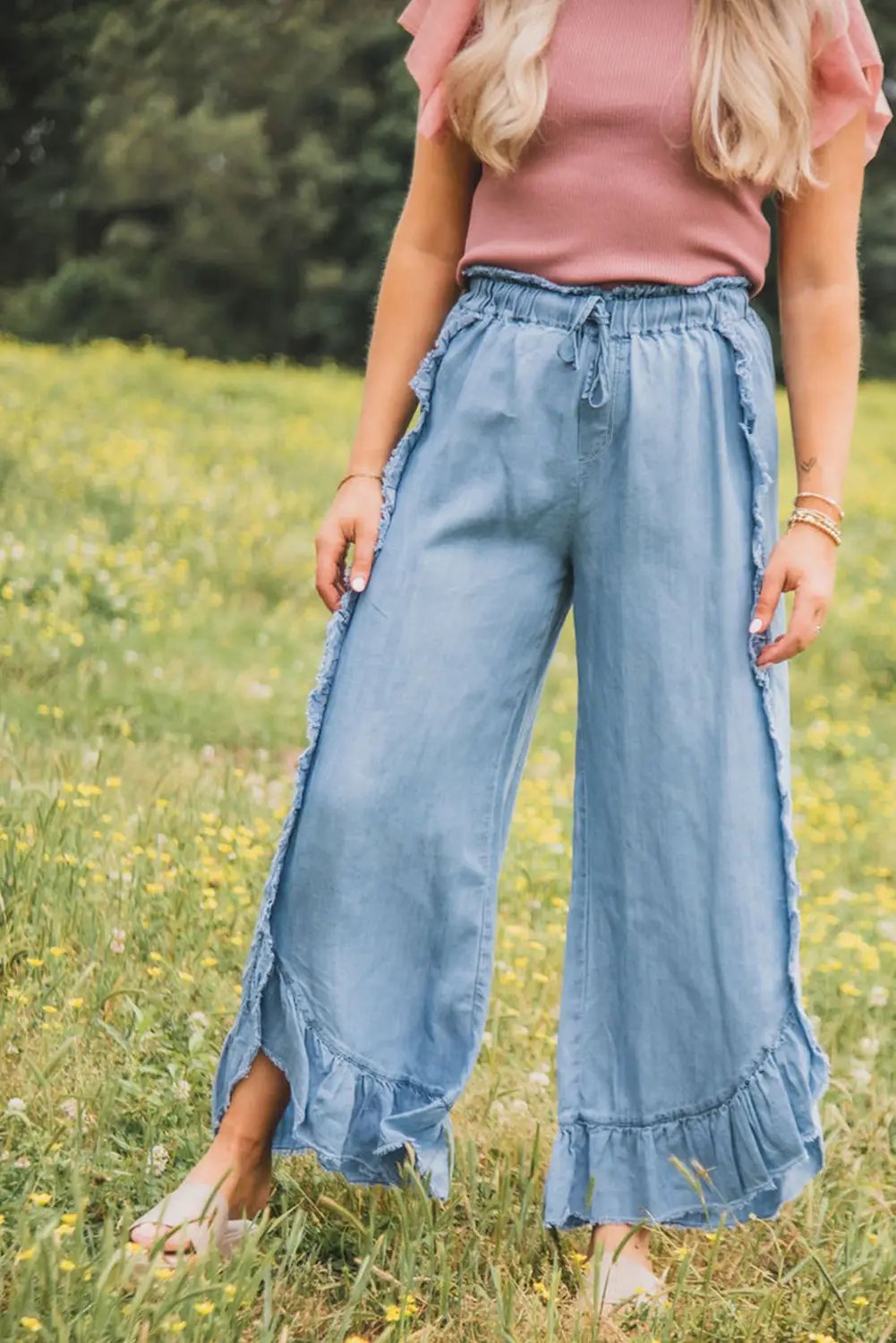 Grateful Threads Boutique Myosotis Light Wash Raw Hem Ruffled Wide Leg Jeans - Jeans Myosotis Light Wash Raw Hem Ruffled Wide Leg Jeans