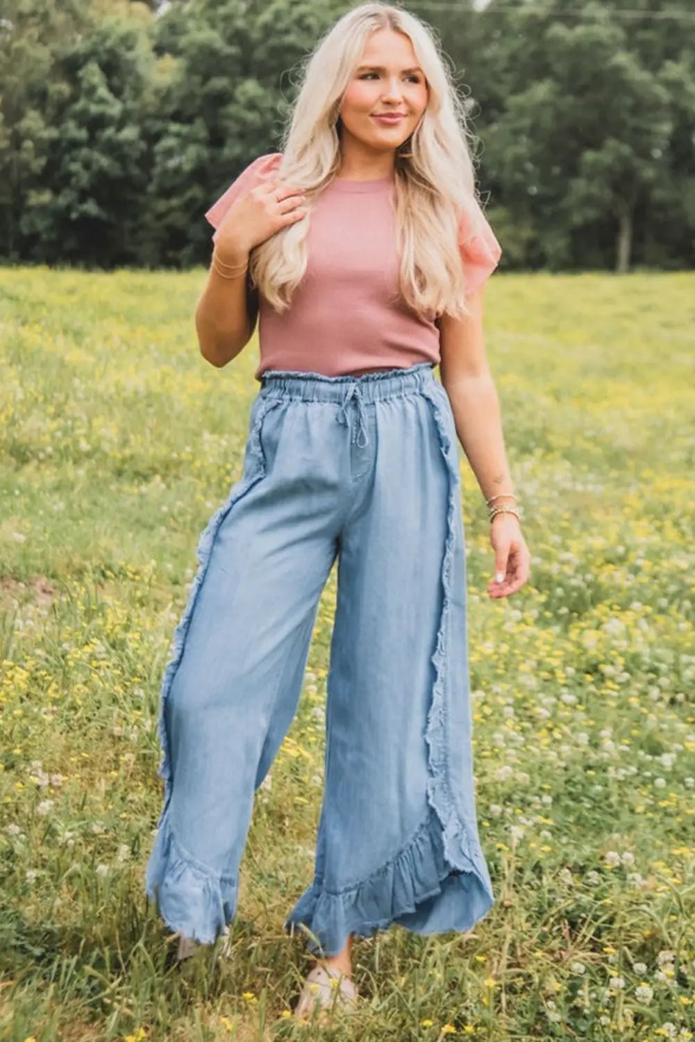 Grateful Threads Boutique Myosotis Light Wash Raw Hem Ruffled Wide Leg Jeans - Jeans Myosotis Light Wash Raw Hem Ruffled Wide Leg Jeans