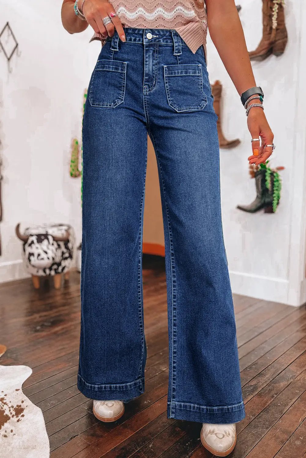Grateful Threads Boutique Sail Blue Wide Leg Pocketed High Waist Jeans - Jeans Sail Blue Wide Leg Pocketed High Waist Jeans