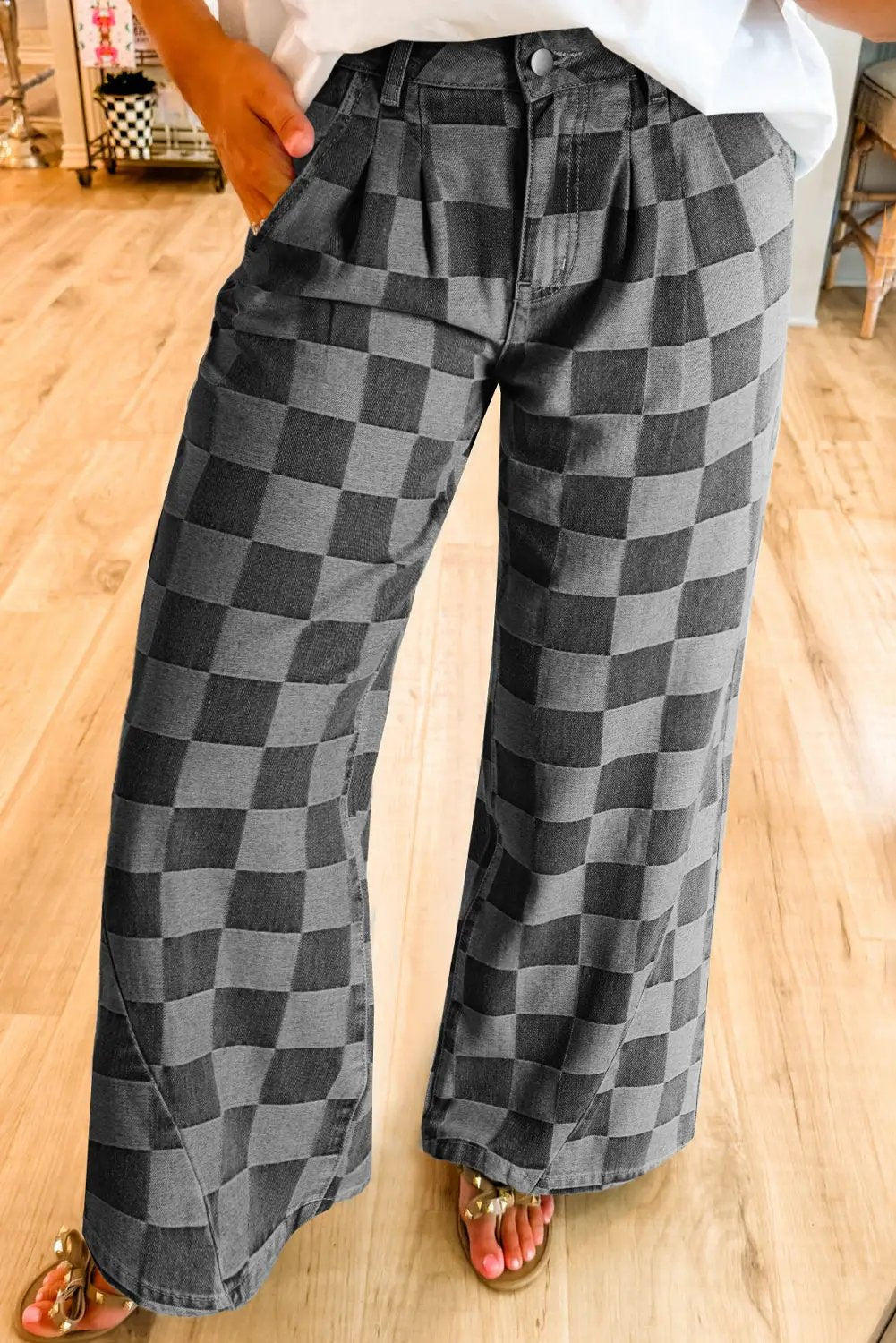 Grateful Threads Boutique Dark Grey Checkered Denim Wide Leg Jeans - Jeans Dark Grey Checkered Denim Wide Leg Jeans