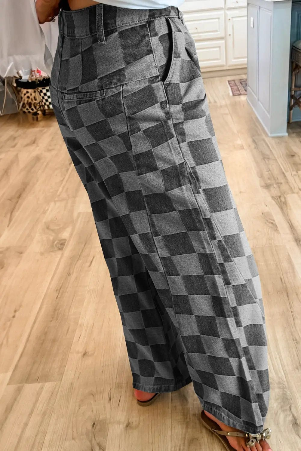 Grateful Threads Boutique Dark Grey Checkered Denim Wide Leg Jeans - Jeans Dark Grey Checkered Denim Wide Leg Jeans