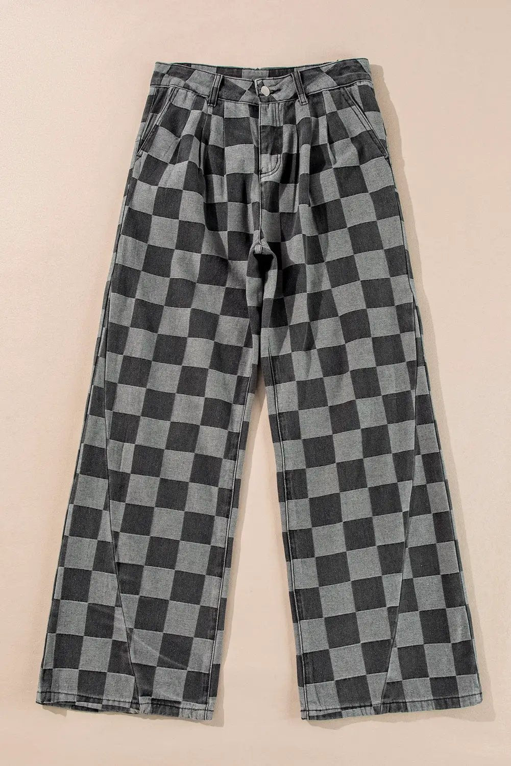 Grateful Threads Boutique Dark Grey Checkered Denim Wide Leg Jeans - Jeans Dark Grey Checkered Denim Wide Leg Jeans