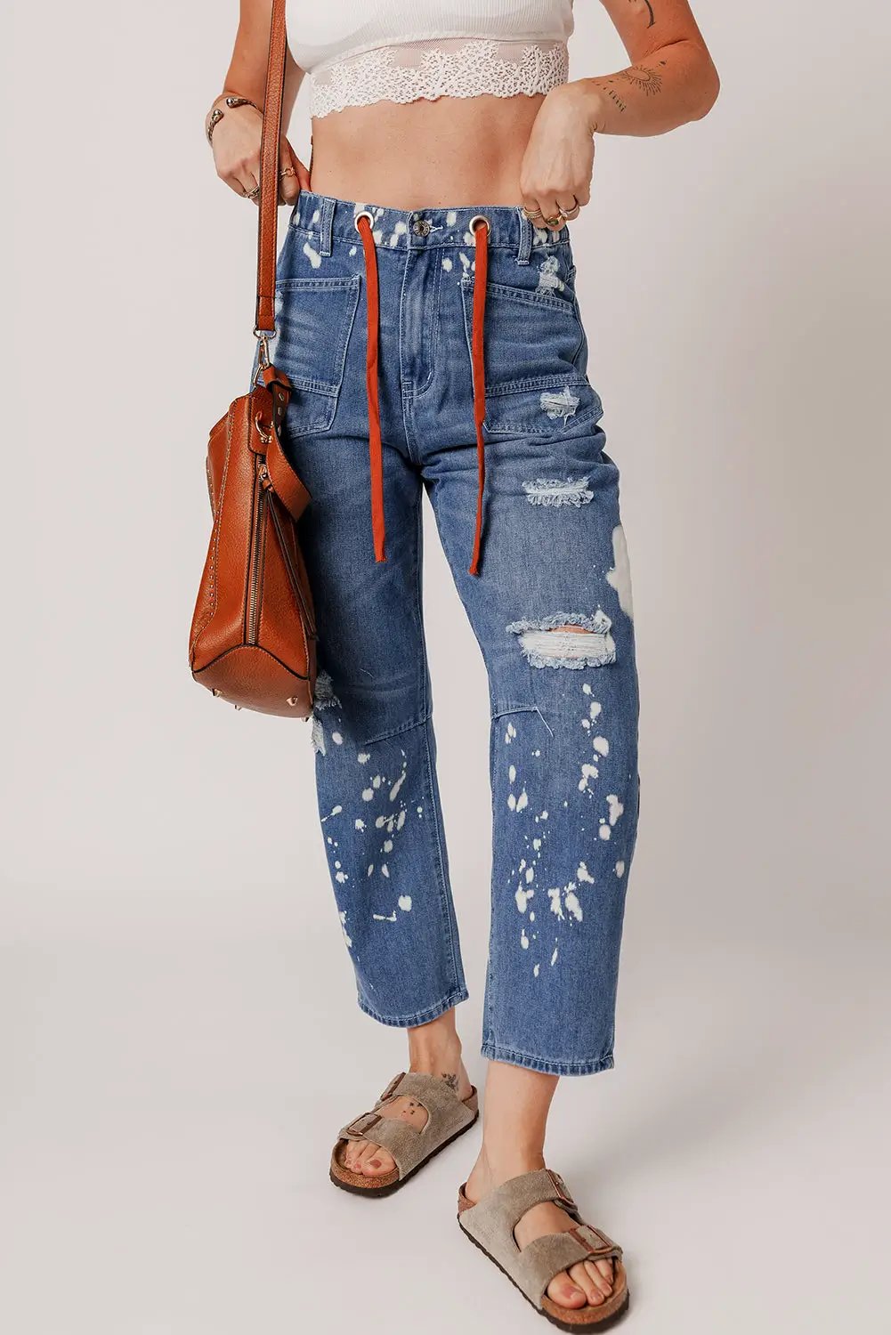 Grateful Threads Boutique Ashleigh Blue Ripped Splattering Paint Rope Waist Cropped Straight Jeans - Jeans Ashleigh Blue Ripped Splattering Paint Rope Waist Cropped Straight Jeans