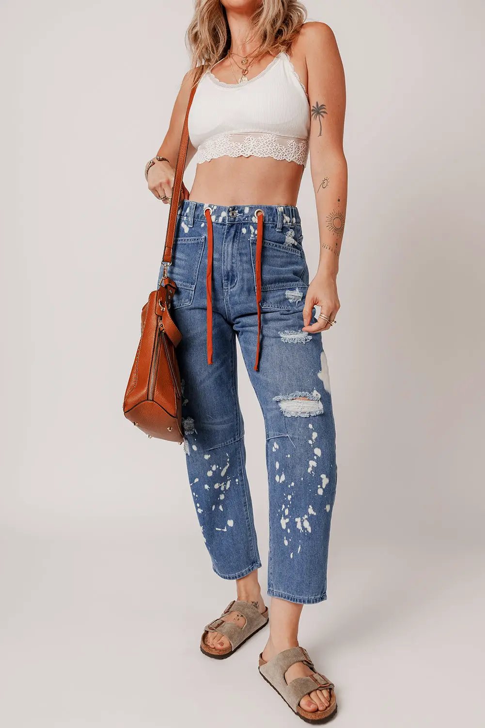 Grateful Threads Boutique Ashleigh Blue Ripped Splattering Paint Rope Waist Cropped Straight Jeans - Jeans Ashleigh Blue Ripped Splattering Paint Rope Waist Cropped Straight Jeans