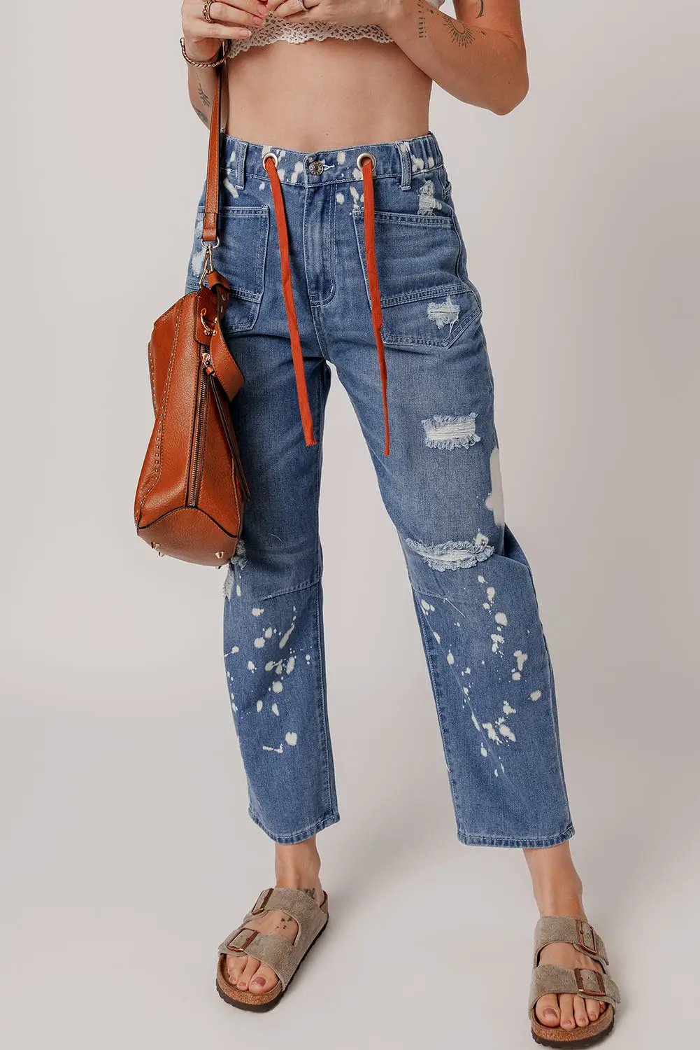 Grateful Threads Boutique Ashleigh Blue Ripped Splattering Paint Rope Waist Cropped Straight Jeans - Jeans Ashleigh Blue Ripped Splattering Paint Rope Waist Cropped Straight Jeans