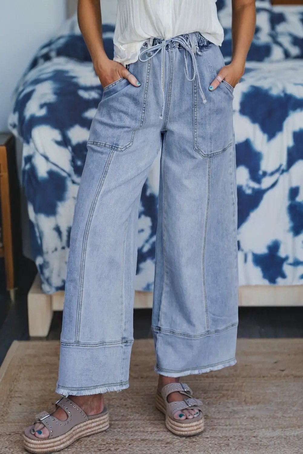 Grateful Threads Boutique Beau Blue Drawstring Seam Detail Raw Hem Wide Leg Denim Pants - Jeans Beau Blue Drawstring Seam Detail Raw Hem Wide Leg Denim Pants