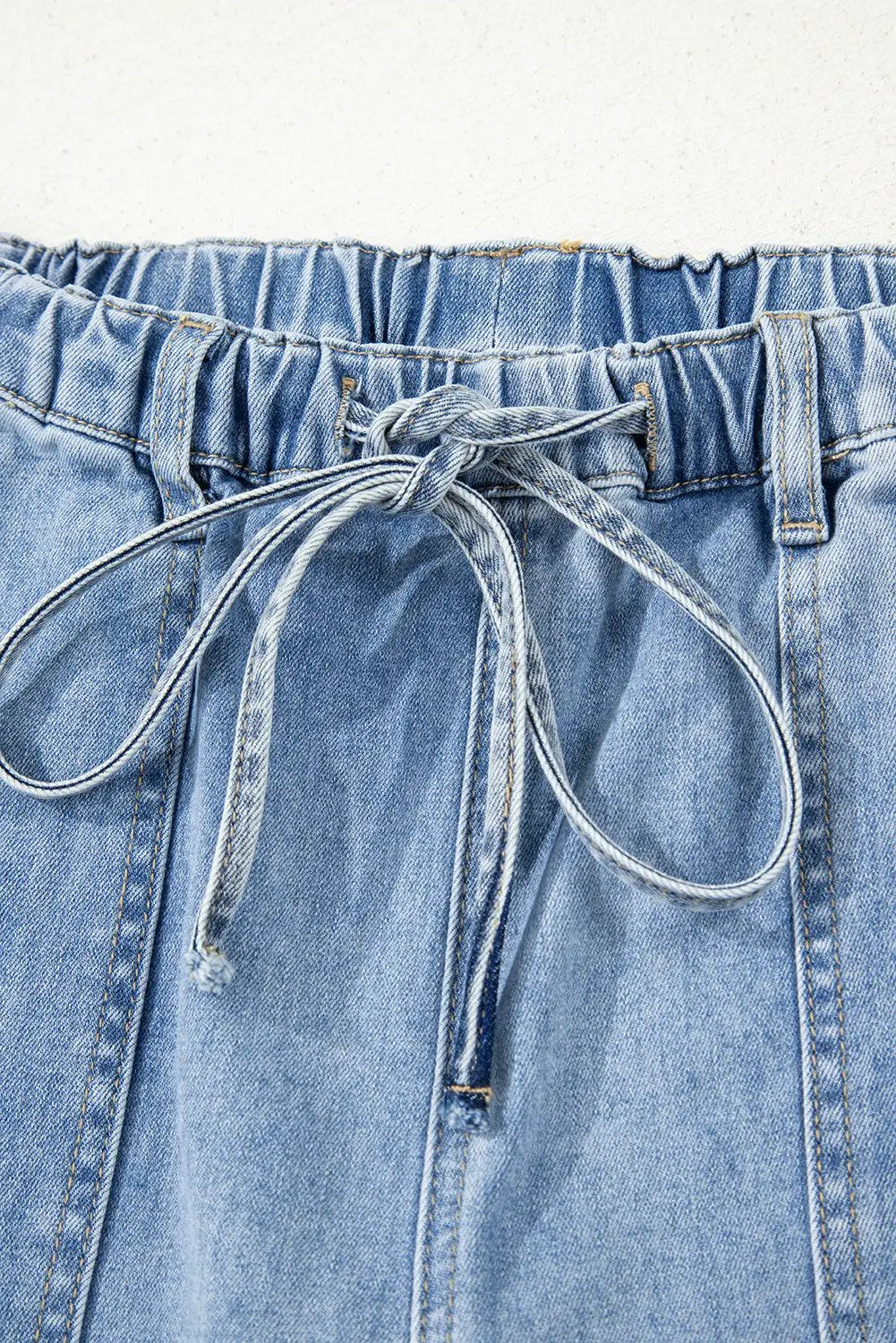 Grateful Threads Boutique Beau Blue Drawstring Seam Detail Raw Hem Wide Leg Denim Pants - Jeans Beau Blue Drawstring Seam Detail Raw Hem Wide Leg Denim Pants
