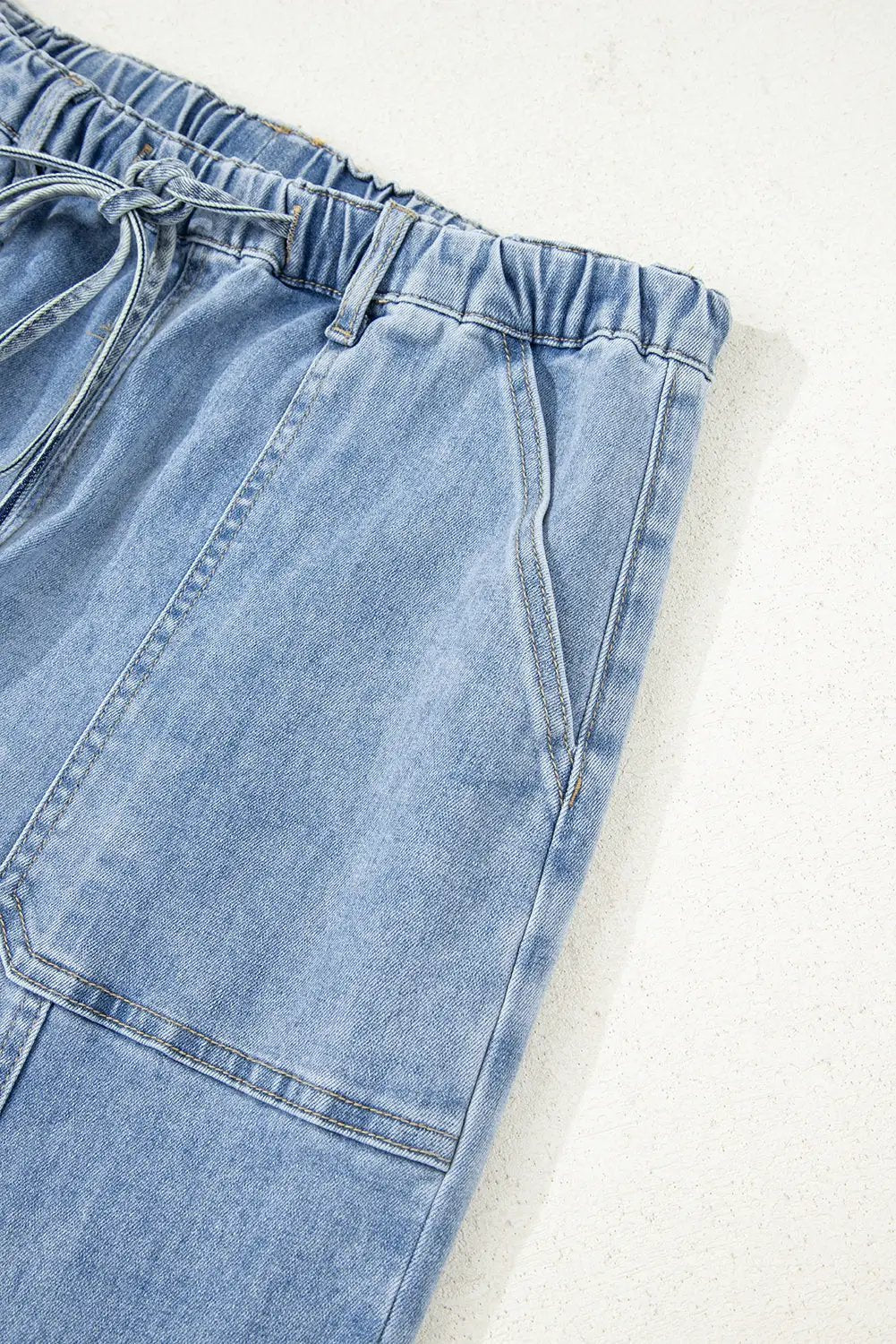 Grateful Threads Boutique Beau Blue Drawstring Seam Detail Raw Hem Wide Leg Denim Pants - Jeans Beau Blue Drawstring Seam Detail Raw Hem Wide Leg Denim Pants
