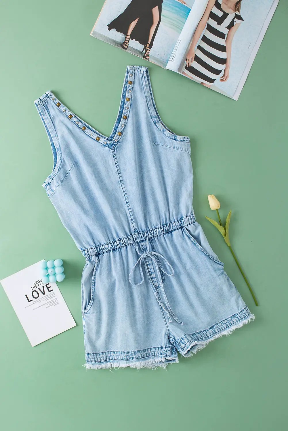 Grateful Threads Boutique Beau Blue Studded V Neck Raw Hem Sleeveless Denim Romper - One-Pieces Beau Blue Studded V Neck Raw Hem Sleeveless Denim Romper