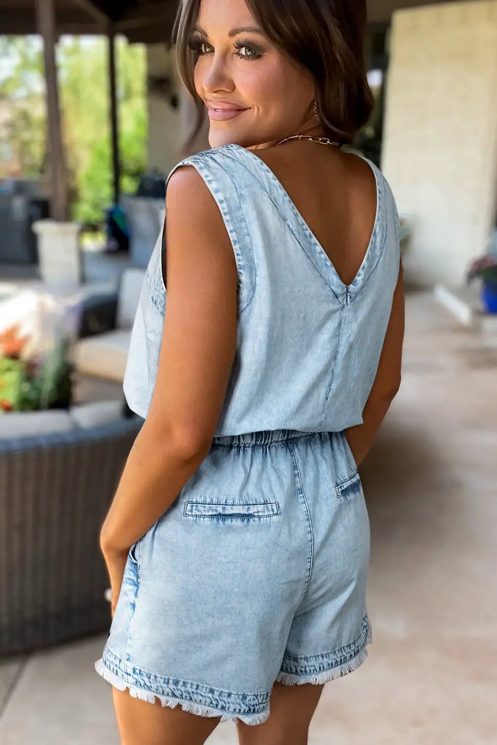 Grateful Threads Boutique Beau Blue Studded V Neck Raw Hem Sleeveless Denim Romper - One-Pieces Beau Blue Studded V Neck Raw Hem Sleeveless Denim Romper