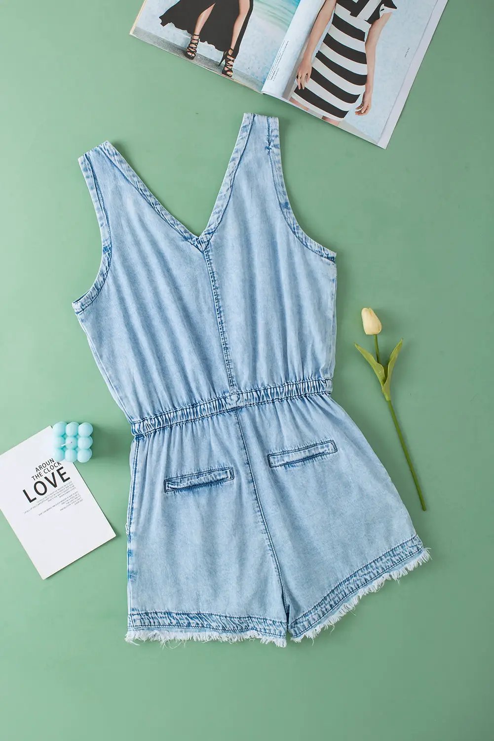 Grateful Threads Boutique Beau Blue Studded V Neck Raw Hem Sleeveless Denim Romper - One-Pieces Beau Blue Studded V Neck Raw Hem Sleeveless Denim Romper