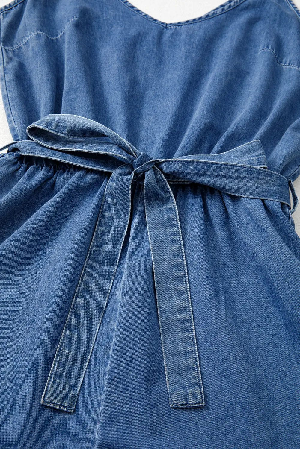 Grateful Threads Boutique Chambray Spaghetti Strap V-Neck Belted Ruffled Leg Romper - One-Pieces denim spaghetti strap romper