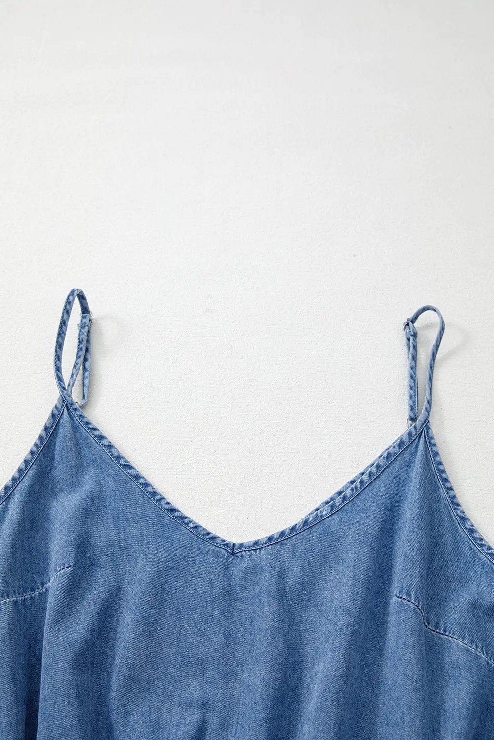 Grateful Threads Boutique Chambray Spaghetti Strap V-Neck Belted Ruffled Leg Romper - One-Pieces denim spaghetti strap romper