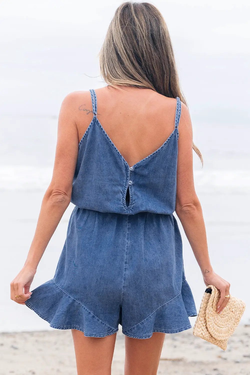 Grateful Threads Boutique Chambray Spaghetti Strap V-Neck Belted Ruffled Leg Romper - One-Pieces denim spaghetti strap romper