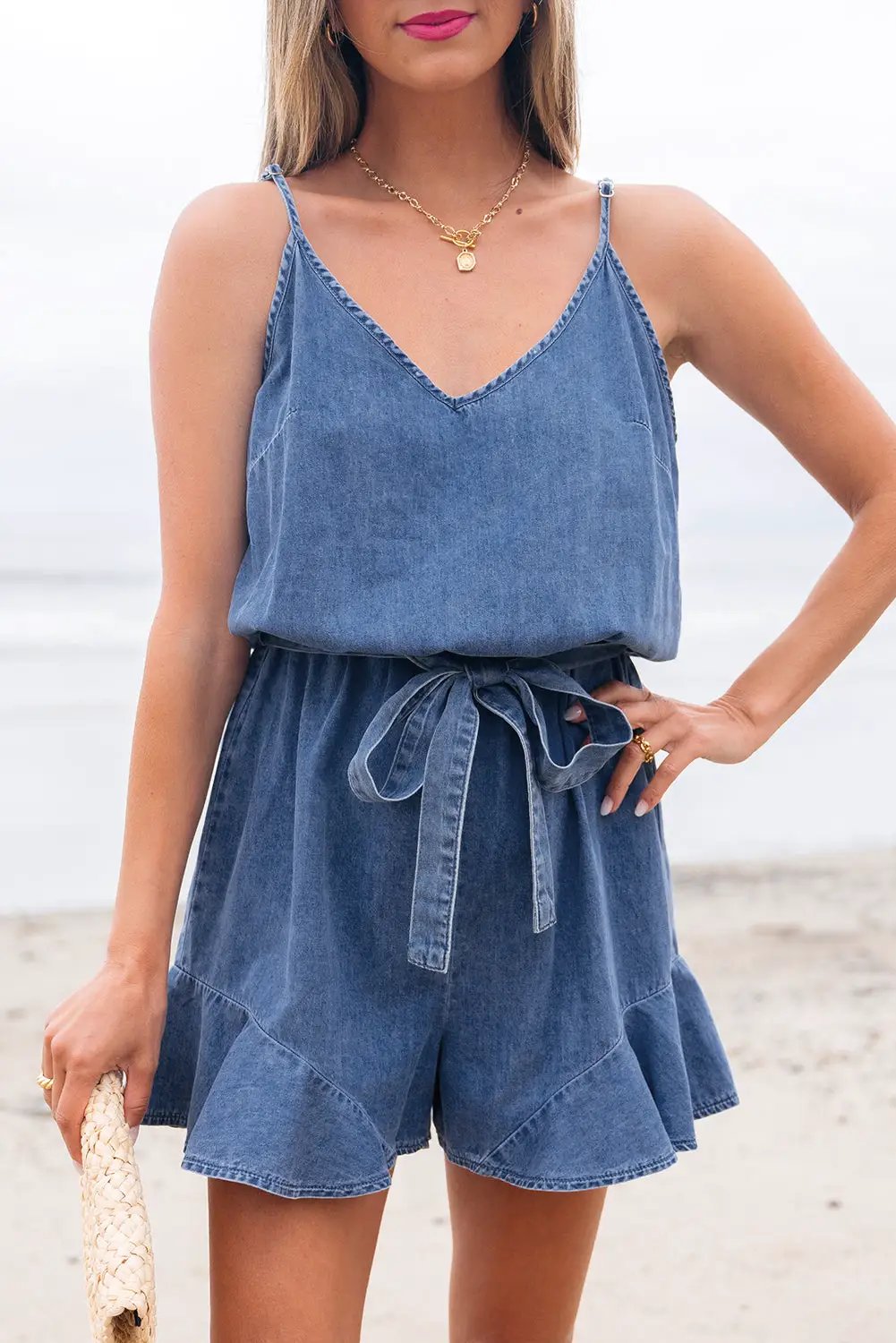 Grateful Threads Boutique Chambray Spaghetti Strap V-Neck Belted Ruffled Leg Romper - One-Pieces denim spaghetti strap romper