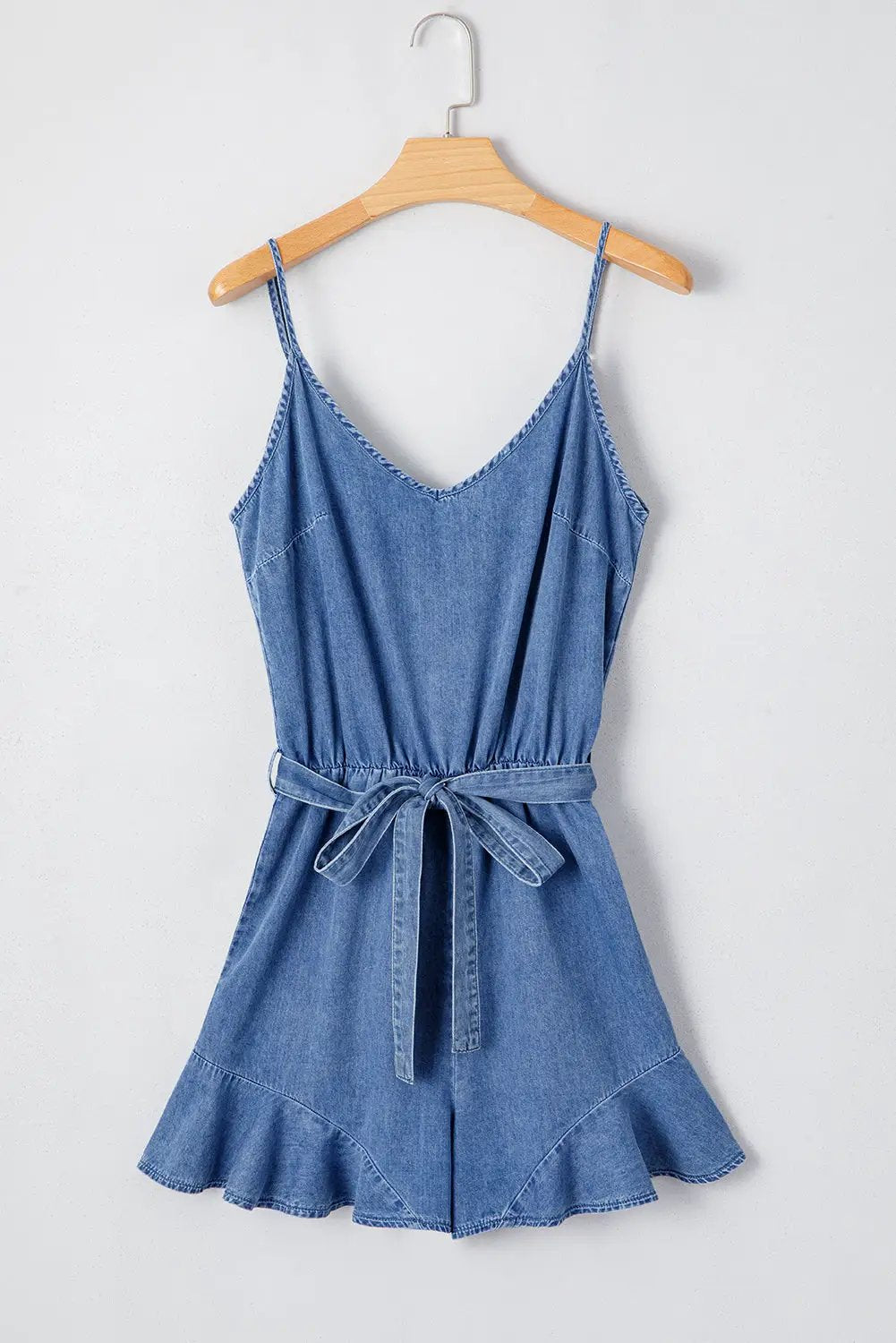 Grateful Threads Boutique Chambray Spaghetti Strap V-Neck Belted Ruffled Leg Romper - One-Pieces denim spaghetti strap romper