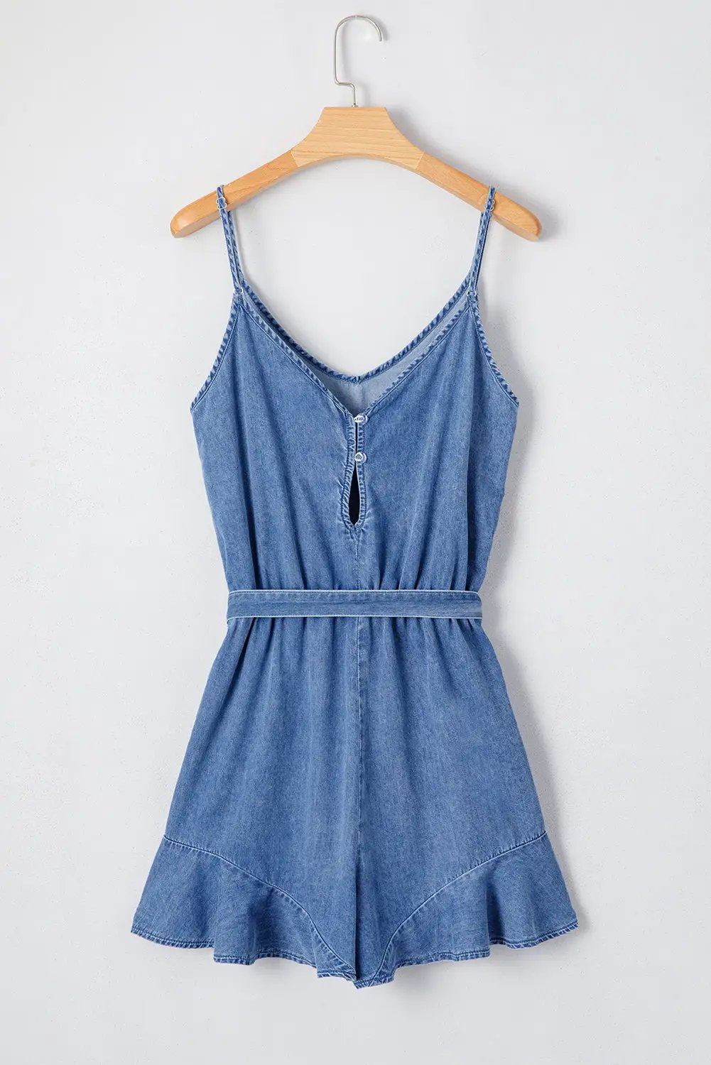 Grateful Threads Boutique Chambray Spaghetti Strap V-Neck Belted Ruffled Leg Romper - One-Pieces denim spaghetti strap romper