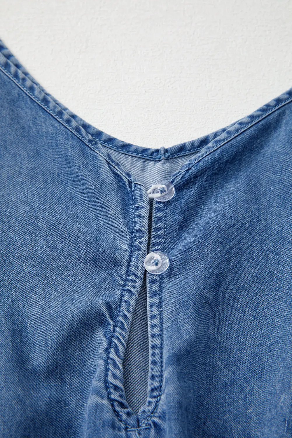 Grateful Threads Boutique Chambray Spaghetti Strap V-Neck Belted Ruffled Leg Romper - One-Pieces denim spaghetti strap romper