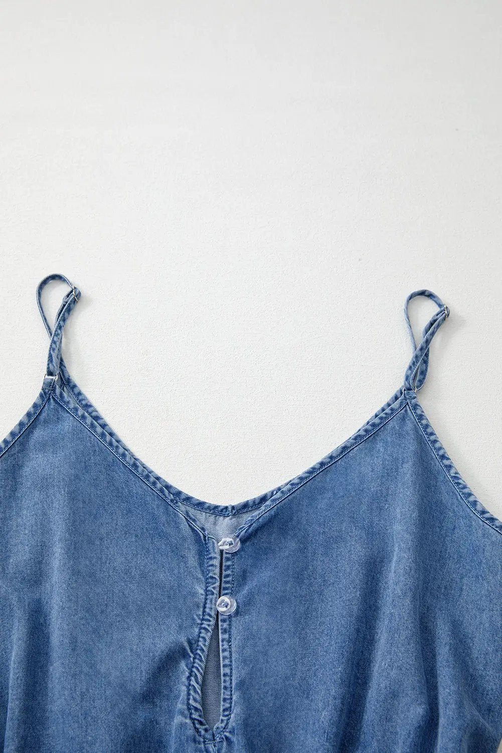 Grateful Threads Boutique Chambray Spaghetti Strap V-Neck Belted Ruffled Leg Romper - One-Pieces denim spaghetti strap romper